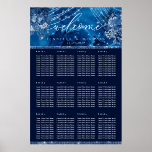 Póster Plan de Asientos de Mesa Floral Azul Océano Navy