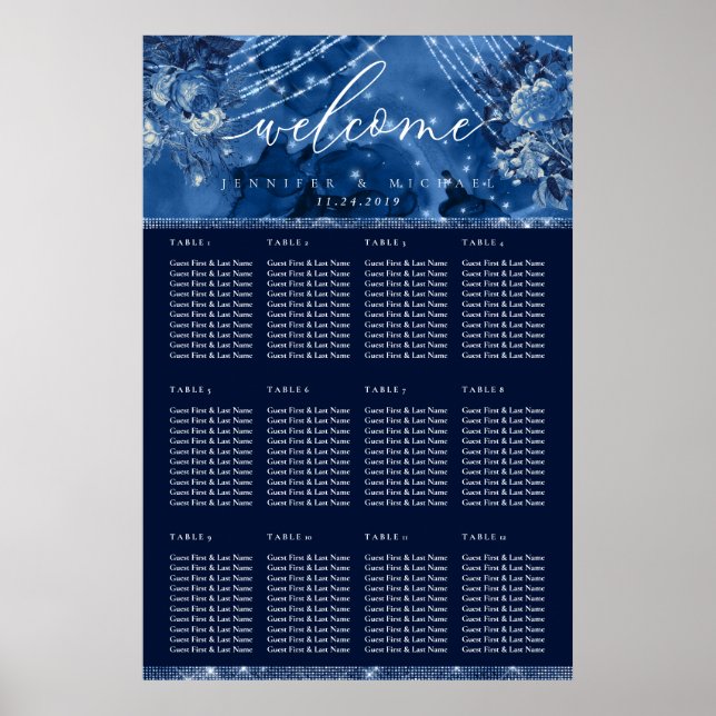 Póster Plan de Asientos de Mesa Floral Azul Océano Navy (Frente)