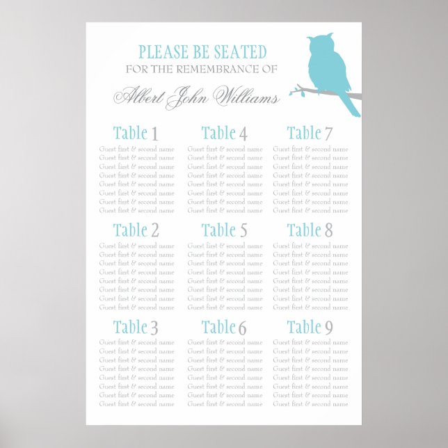 Póster Plan de asientos de mesa para eventos de búho azul (Frente)