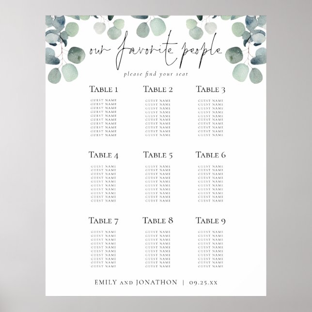 Póster Plan de asientos Eucalyptus Boda Gente favorita (Frente)