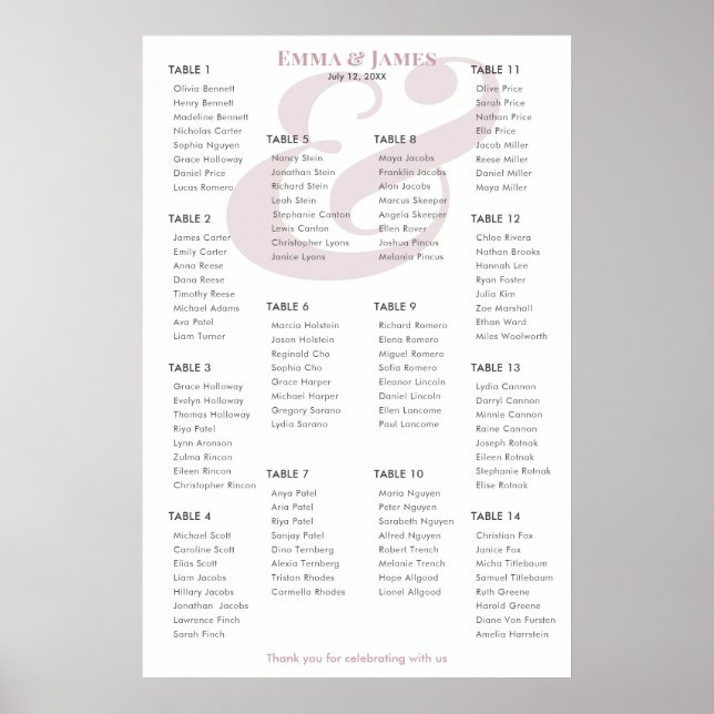 Póster Plan de Asientos Mauve Ampersand Wedding | 14 (Frente)