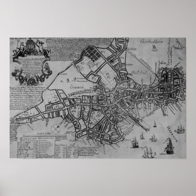 Póster Plan de Boston, Nueva Inglaterra, 1739 (Frente)