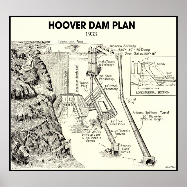PÓSTER PLAN DE DIBUJO A MANO DE HOOVER DAM 1933 (Frente)