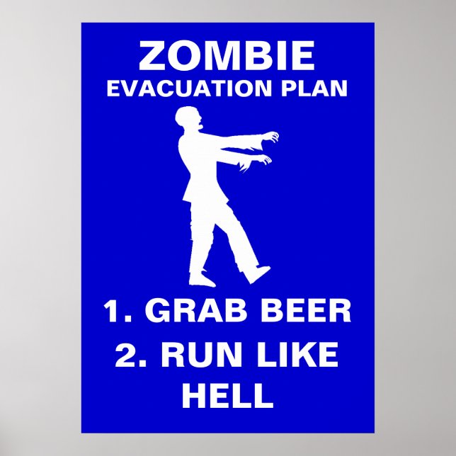 Póster Plan de evacuación de zombis 1. Agarra cerveza 2.  (Frente)
