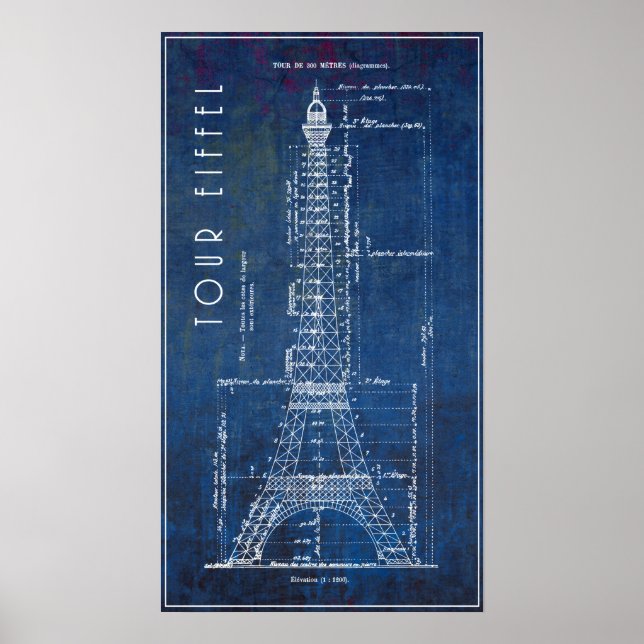 Póster Plan de Ingeniería de la Torre Eiffel de 1886 (Frente)