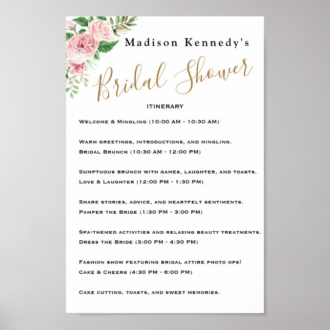 Póster Plan de 🌸 Itinerario Floral Bridal Shower (Frente)