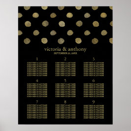 Póster Plan de mesa Boda de puntos de polka negro y dorad