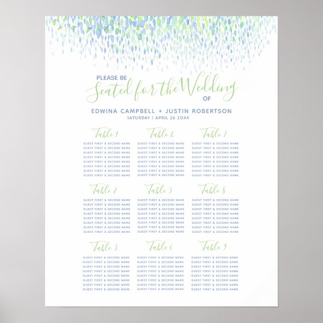 Póster Plan de mesa de boda abstracto acuarela verde azul (Frente)
