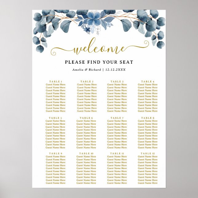 Póster Plan de Mesa de Boda con Verde Rústico (Frente)