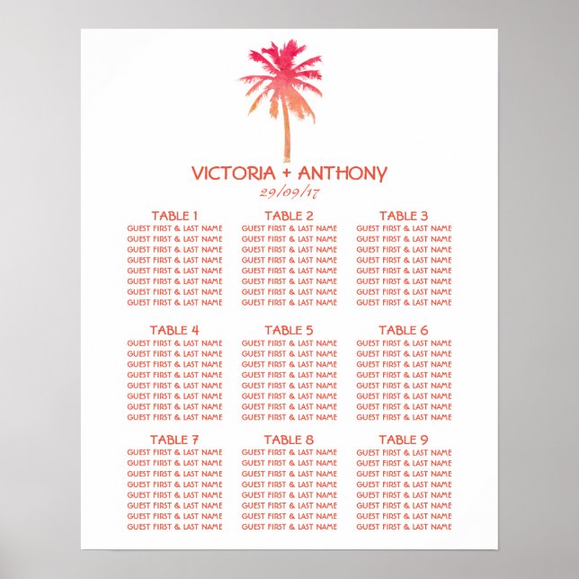 Póster Plan de mesa de bodas de palmeras tropicales para  (Frente)