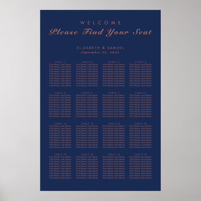 Póster Plan de mesa de la avenida Navy Blue Copper Trees (Frente)