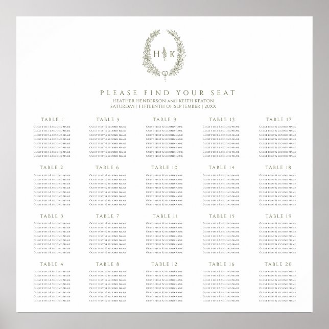 Póster Plan de mesas de boda ovaladas oliva verde blanco  (Frente)