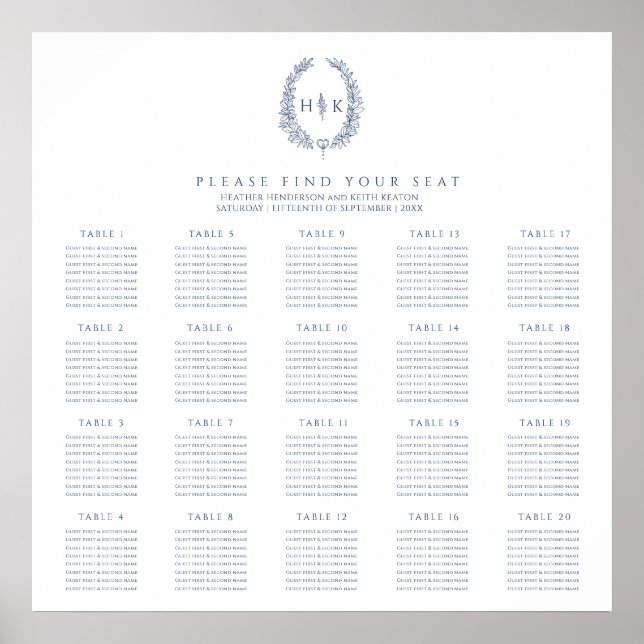 Póster Plan de mesas de boda ovalado azul oscuro blanco 2 (Frente)