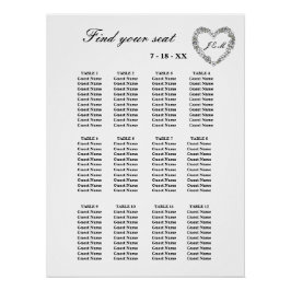 Póster Plan de table de mariage noir et blanc coeur 