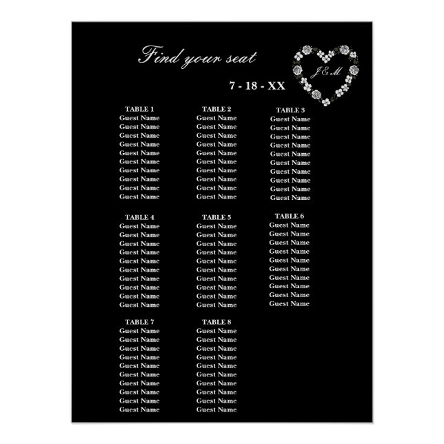 Póster Plan de table mariage noir et blanc 8 tables  (Anverso)