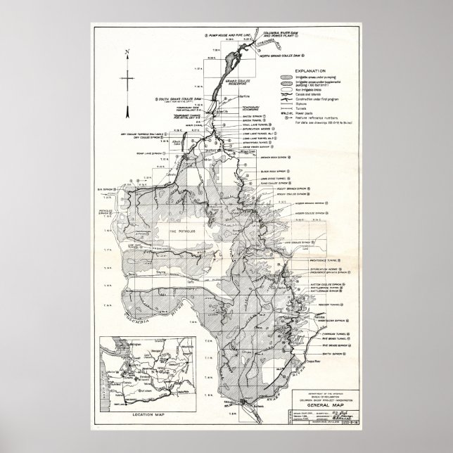 Póster Plan del proyecto de represa de Coulee en el río C (Frente)