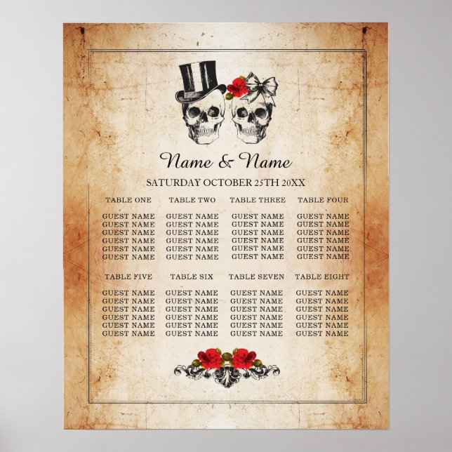Póster Plan Skull Red Rose Table Boda Poster 8 Asientos (Frente)