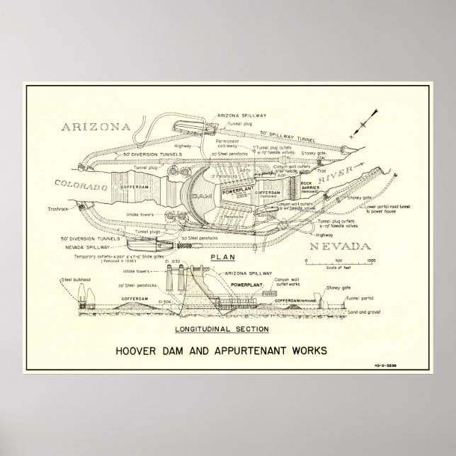 PÓSTER PLAN Y SECCIÓN DE HOOVER DAM DE 1935 (Frente)