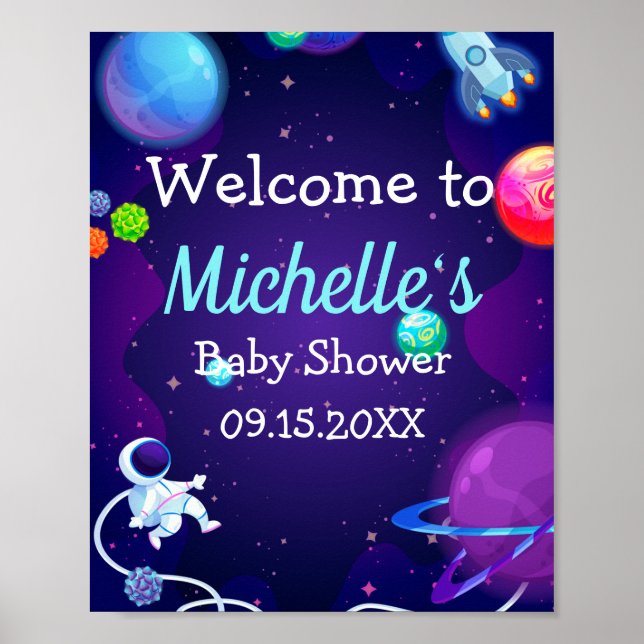 Póster Planeta astronauta azul Baby Shower en el espacio  (Frente)