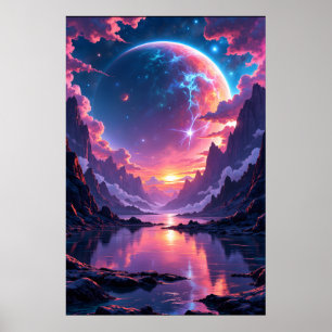 Póster Planeta Fantástico Elevándose sobre Montañas y Agu
