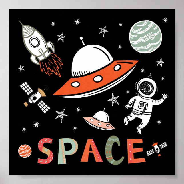 Póster Planetas de buques de cohetes astronautas en el es (Frente)