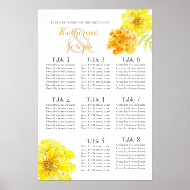 Póster Planificador de Asientos de Boda Amarillo de Marig (Frente)