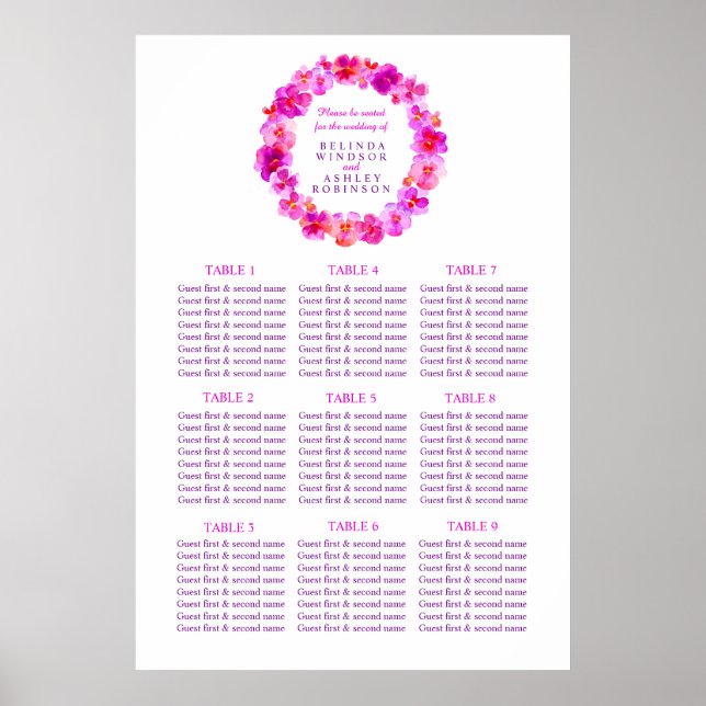 Póster Planificador de mesa de asientos Boda rosa 1-9 mes (Frente)