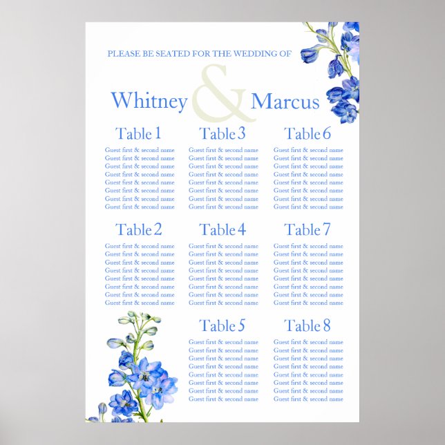Póster Planificador de mesa de asientos de Boda azul delf (Frente)