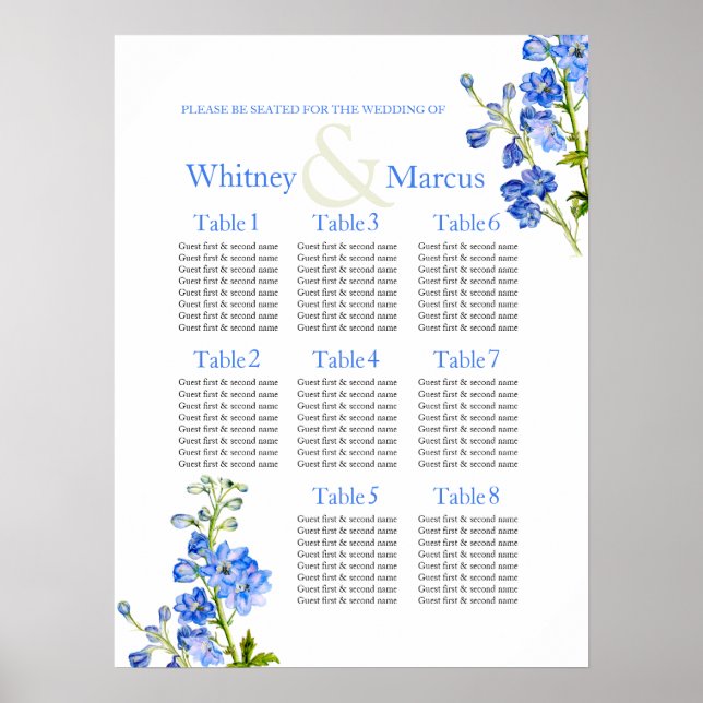 Póster Planificador de mesa de asientos de boda azul Delp (Frente)