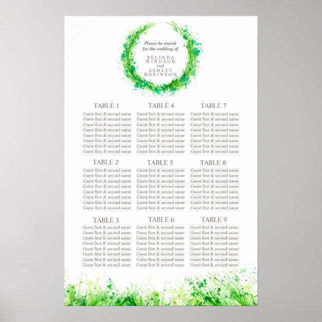 Póster Planificador de mesa de asientos de boda con veget (Frente)