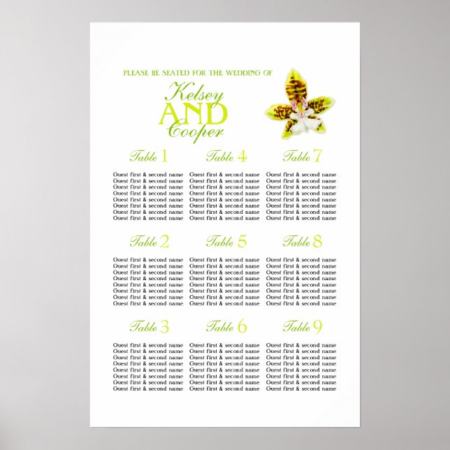 Póster Planificador de mesa de asientos de boda de verde  (Frente)