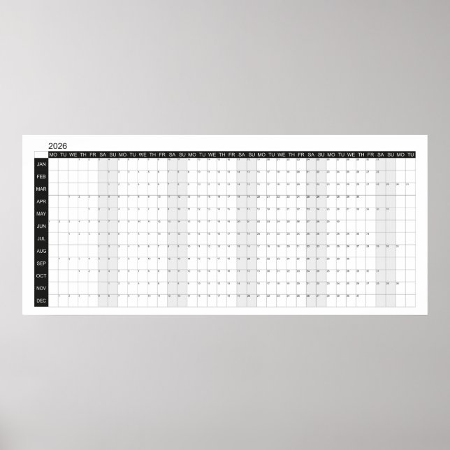 Póster Planificador de pared en negro y blanco para 2026 (Frente)