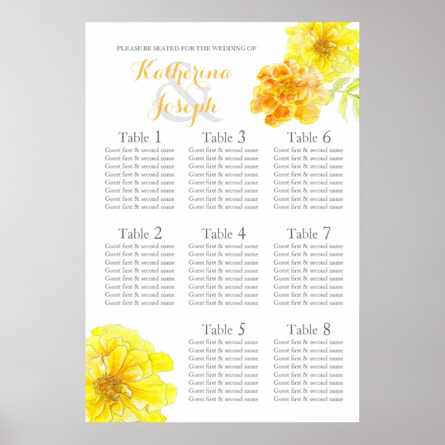 Póster Planner de la mesa de asiento del Boda amarillo Ma (Frente)