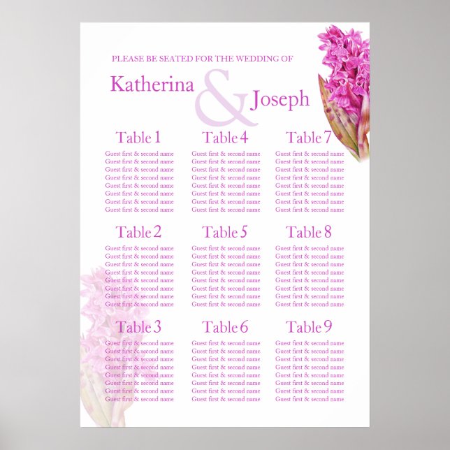 Póster Planner de la mesa de Boda morado Orquídea 1-9 (Frente)