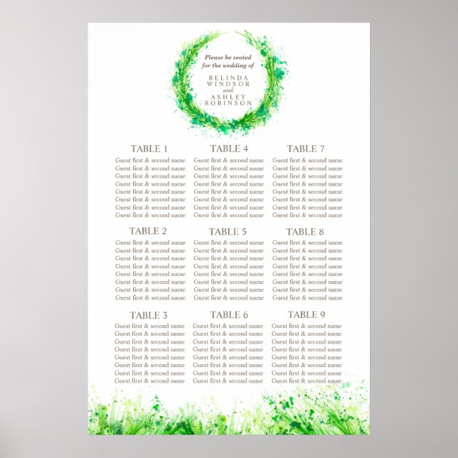 Póster Planner de mesa de Boda de verde 1-9 mesas (Frente)