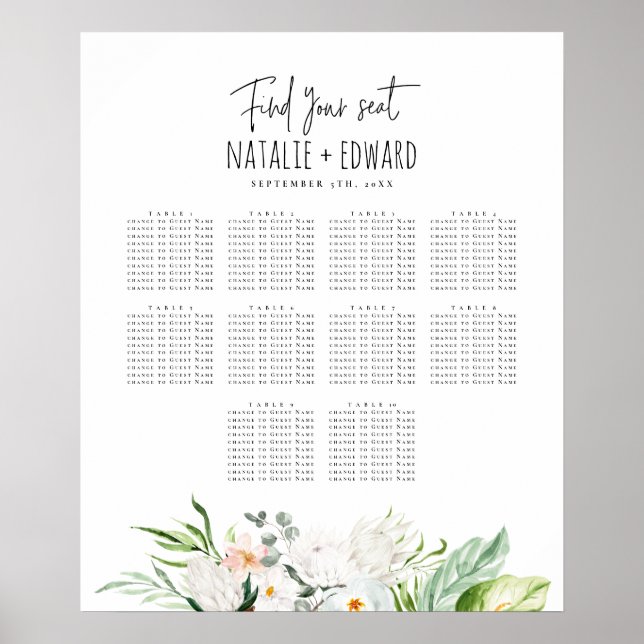 Póster Plano de asiento boda floral de acuarela tropical (Frente)