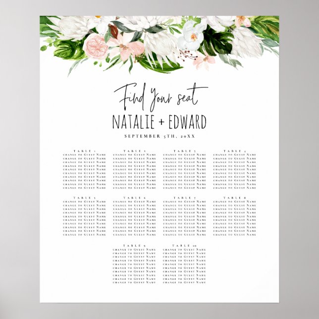 Póster Plano de asiento boda floral de acuarela tropical (Frente)