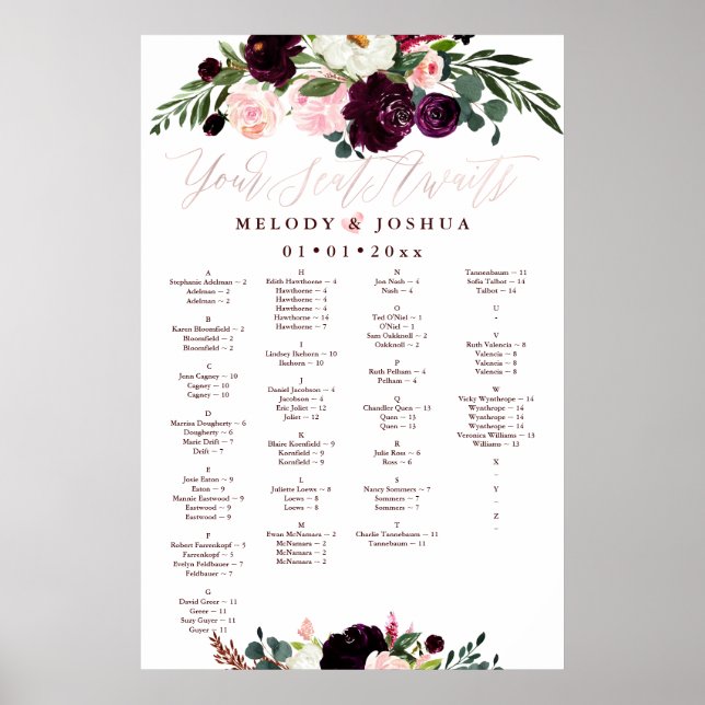 PÓSTER PLANO DE ASIENTOS DE FLORES DE ACUARELA, ALFABÉTIC (Frente)
