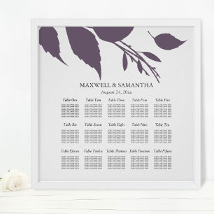 Póster PLANO DE ASIENTOS PARA BODA Elegantes Hojas Morada