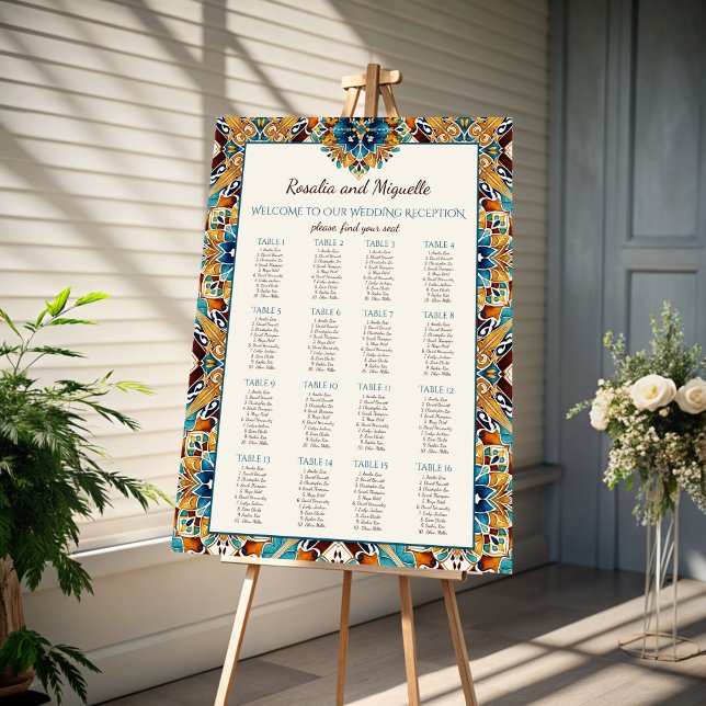 Póster Plano de asientos para bodas de la época de Talave (Talavera Azulejo vintage Mexican wedding seating plan Poster template instant download for 16 tables)