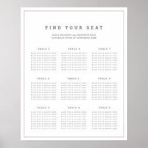 Póster plano de la tabla de asientos de boda blanco gris