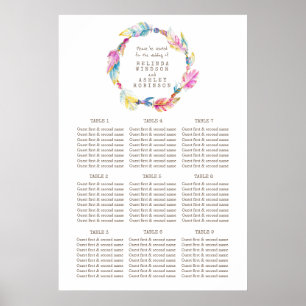 Póster Plano de tabla de boda de acuarela de plumas color