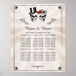 Póster Plano de tabla de rosa roja de cráneo Boda asiento