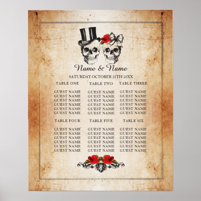 Póster Plano de tabla de rosa roja de cráneo Boda asiento (Frente)