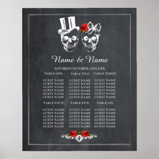 Póster Plano de tabla de rosa roja de cráneo Boda asiento (Frente)