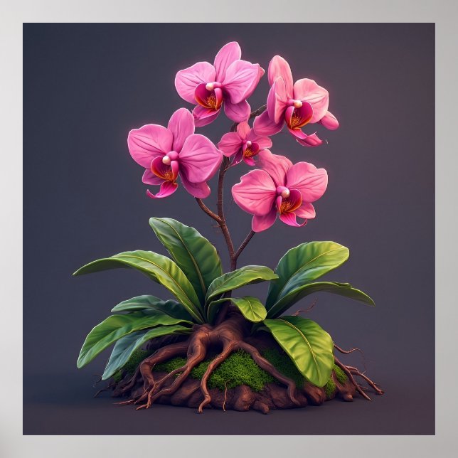 Póster Planta de orquídea rosa con hojas verdes (Frente)