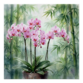 Póster Planta de orquídea rosa sobre fondo de bambú