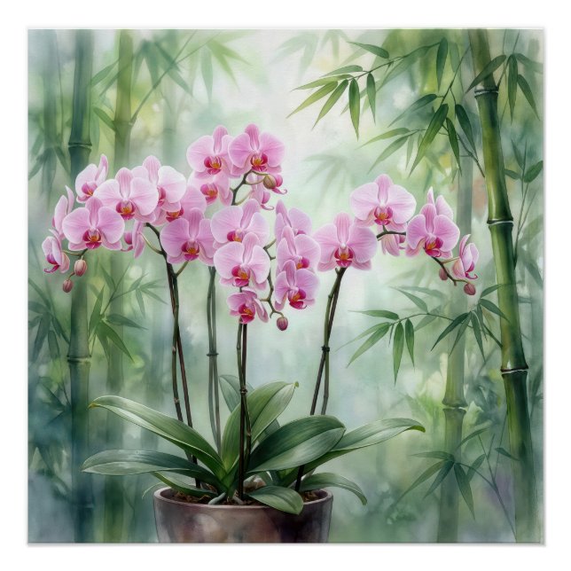 Póster Planta de orquídea rosa sobre fondo de bambú (Anverso)