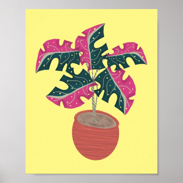 Póster Planta Monstera Rosa Dibujada a Mano (Frente)