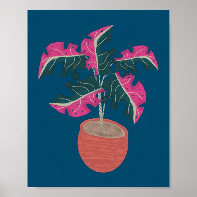 Póster Planta Monstera Rosa Dibujada a Mano (Frente)
